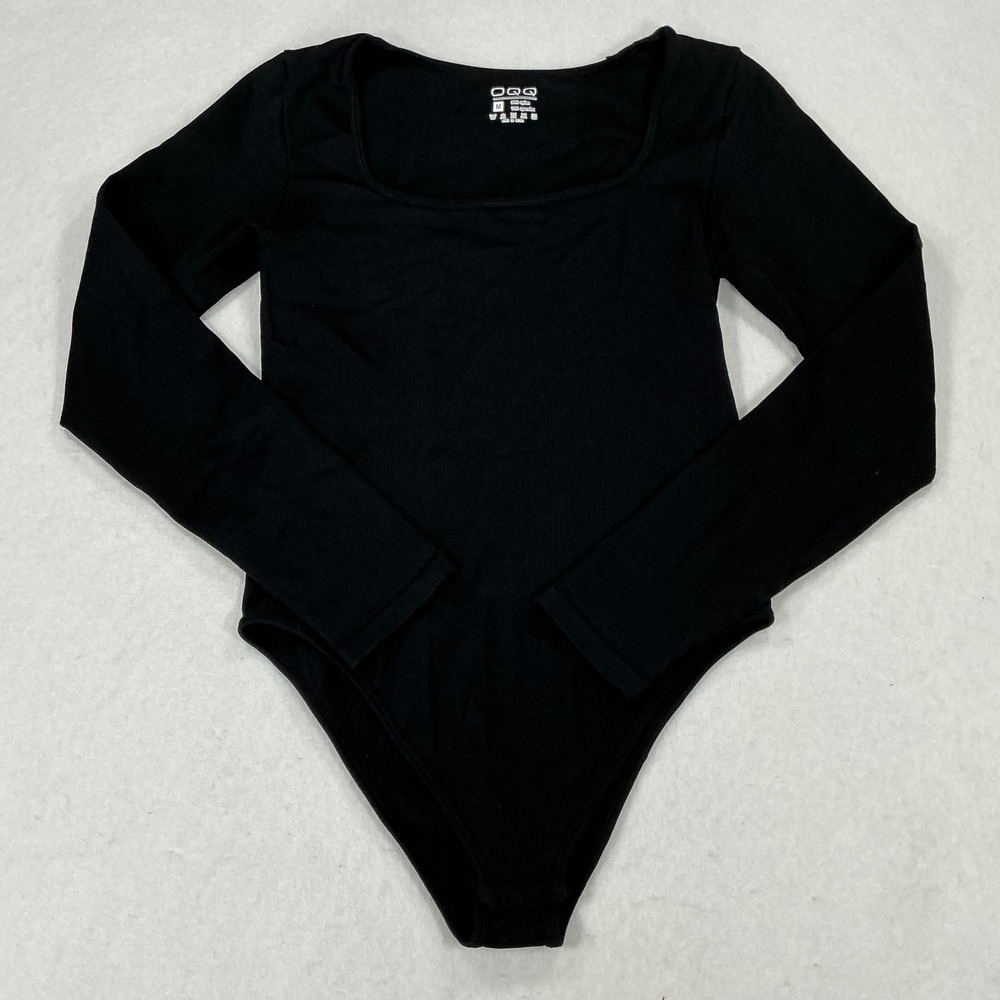 OQQ Womens Black Ribbed Long Sleeve Square Neck Bodysuit Size Medium